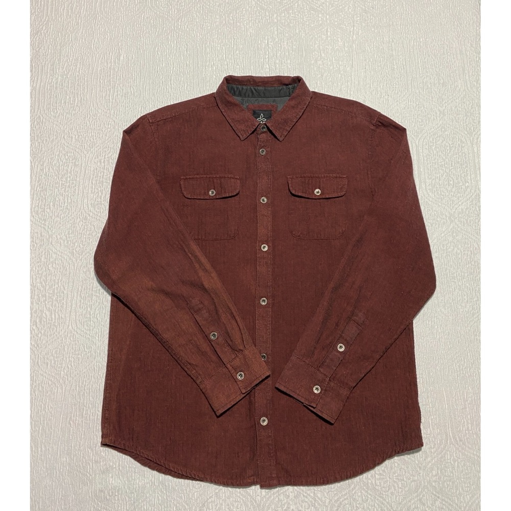 PrAna Flannel Shirt Long Sleeve Button Up Mens XL Red Organic Cotton Herringbone